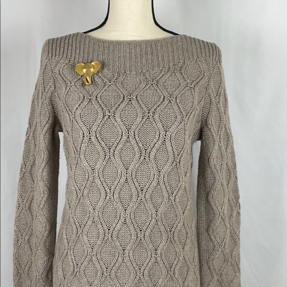 LOFT Tan Wool Blend Cable Knit Sweater w Bateau Neckline, Size Large - Picture 2 of 12